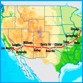 Карта тура Трасса 66 от Чикаго до Лос-Анджелеса