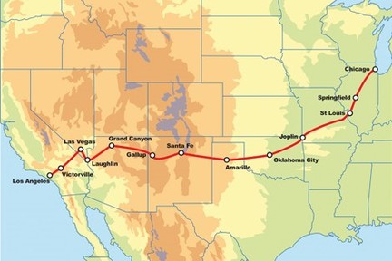 Карта тура Трасса 66 от Чикаго до Лос-Анжелеса